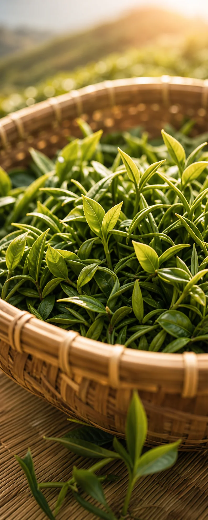 竹匾中的新鲜茶叶